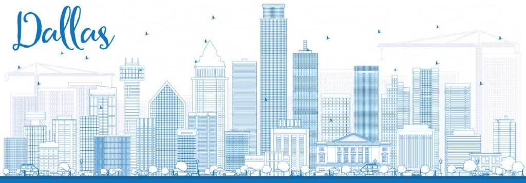 Outline Dallas Skyline with Blue Buildings.